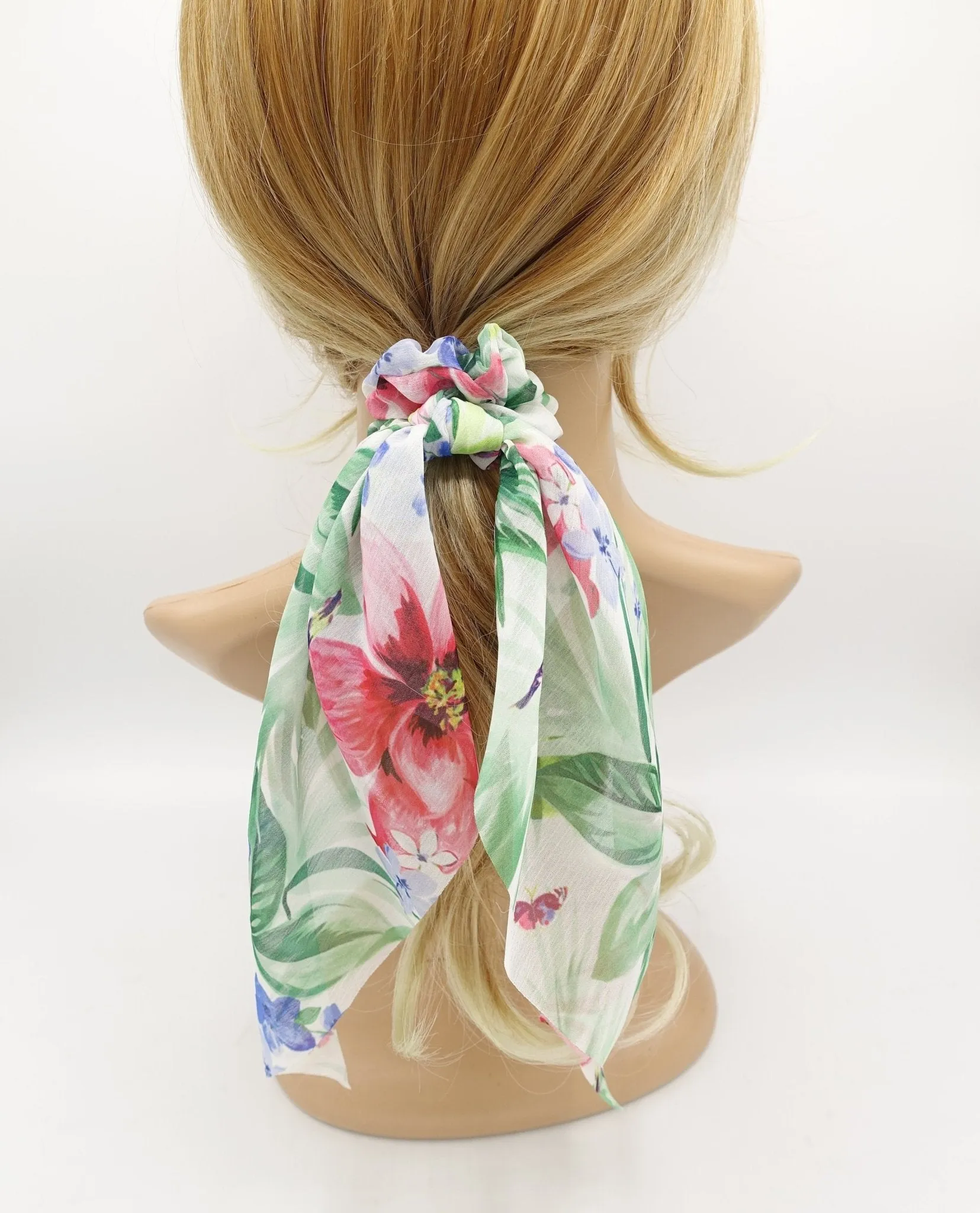 tropical colorful print chiffon tail knot scrunchies plant flower hair elastic scrunchy