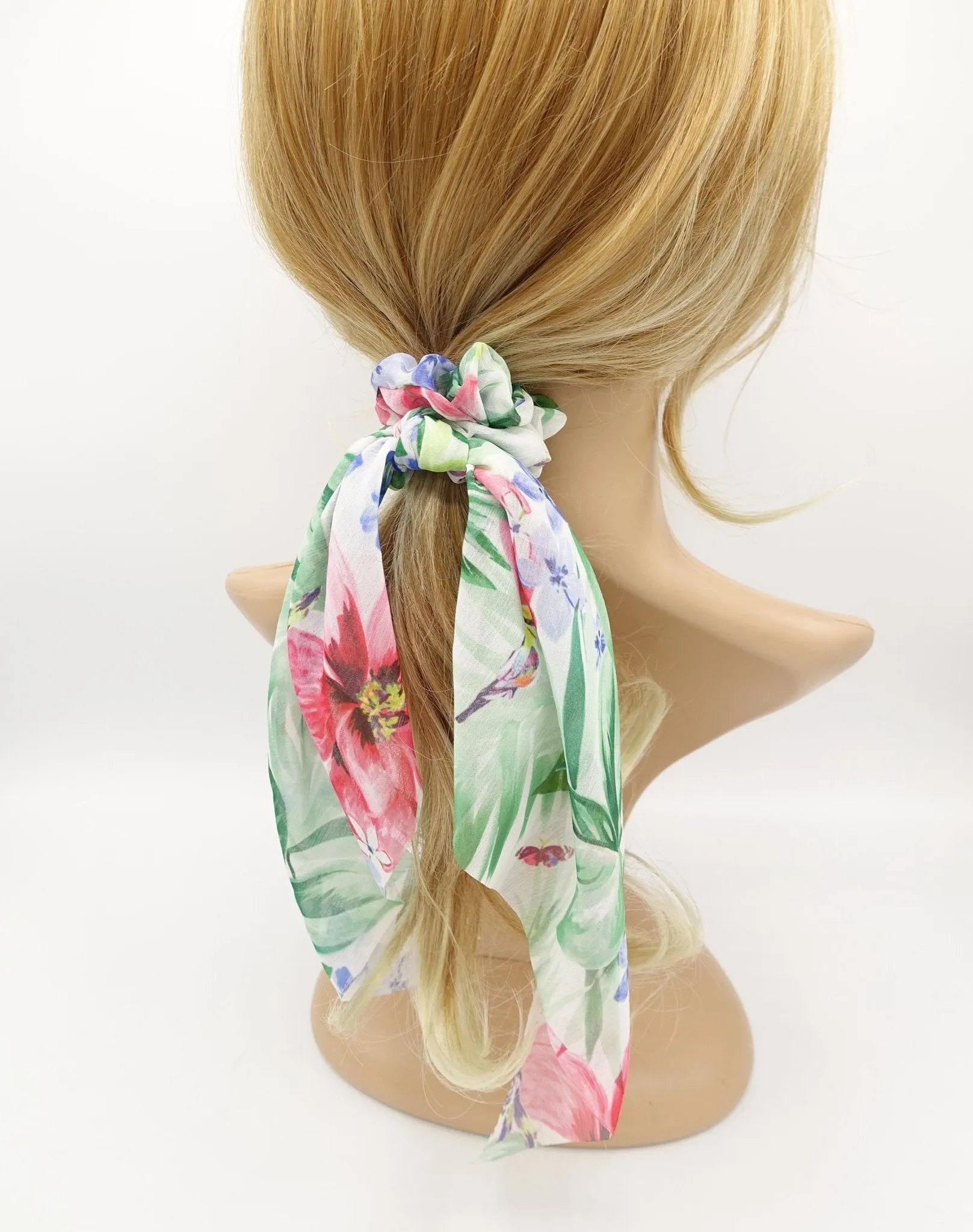 tropical colorful print chiffon tail knot scrunchies plant flower hair elastic scrunchy